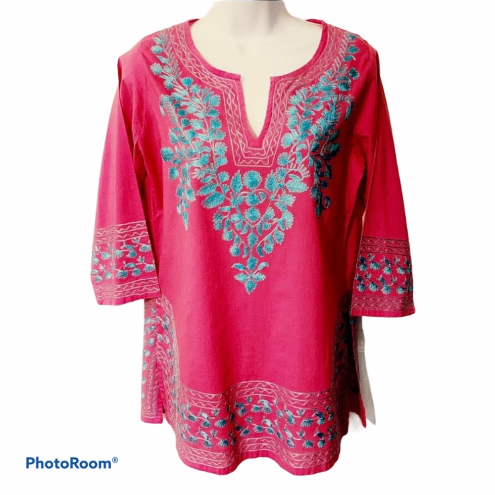 💖Gretchen Scott Designs Pink Top Blue Embr SZ Sm